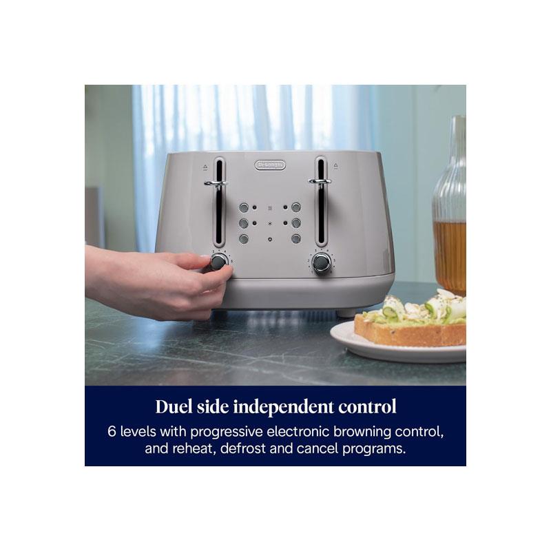 Delonghi Eclettica 4 Slice Toaster With Reheat And Defrost Functions Control Panels Browning Levels Pull Crumbs Trays Stainless Steel 1800W Biscuit Beige