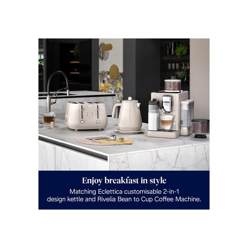 Delonghi Eclettica 4 Slice Toaster With Reheat And Defrost Functions Control Panels Browning Levels Pull Crumbs Trays Stainless Steel 1800W Biscuit Beige