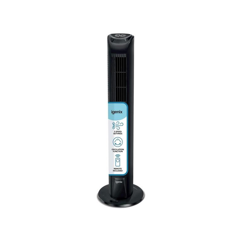 Igenix 29 Inch Tower Fan With 3 Speed Settings Oscillation Function 7.5 Hour Timer Remote Control 45W Black