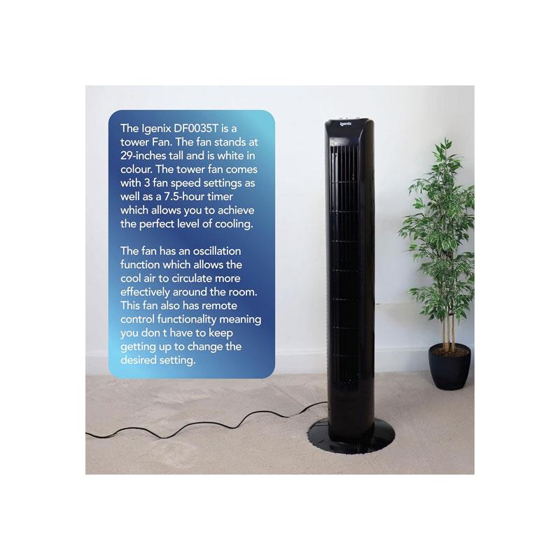 Igenix 29 Inch Tower Fan With 3 Speed Settings Oscillation Function 7.5 Hour Timer Remote Control 45W Black