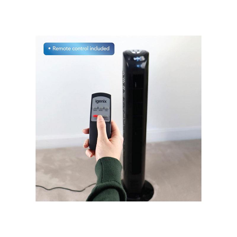 Igenix 29 Inch Tower Fan With 3 Speed Settings Oscillation Function 7.5 Hour Timer Remote Control 45W Black