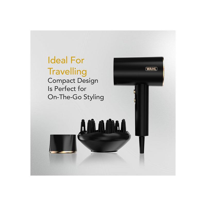 Wahl Ionic Flow Hairdryer Professional Drying Frizz-Free Cold Shot Heat Concentrating Diffuser Styling Compact Travel Powerful Fast Speed 2100W Black