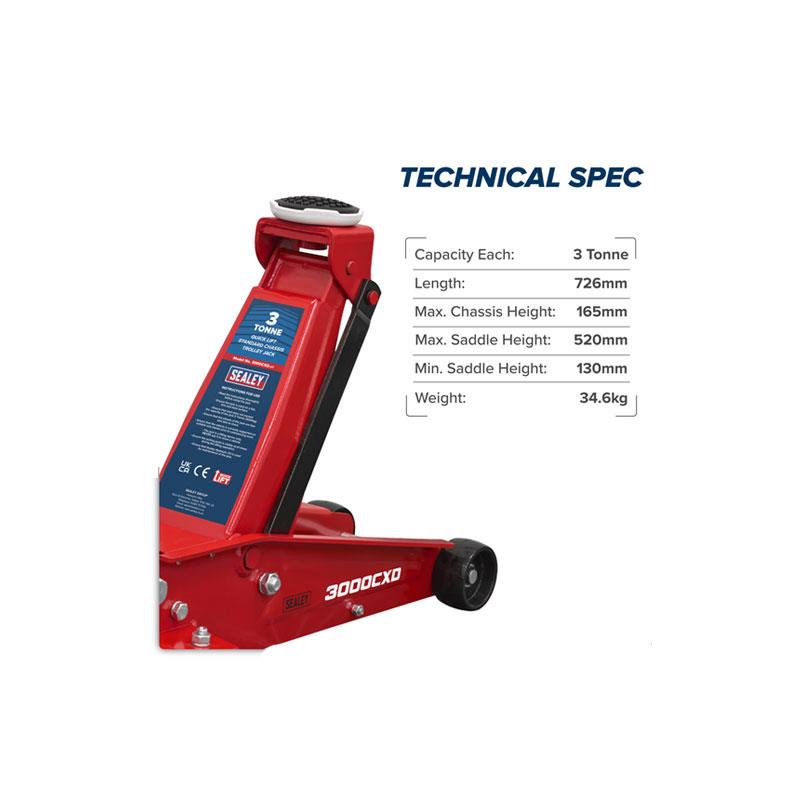 Sealey Quick Lift Standard Chassis Trolley Jack 3 Tonne Red