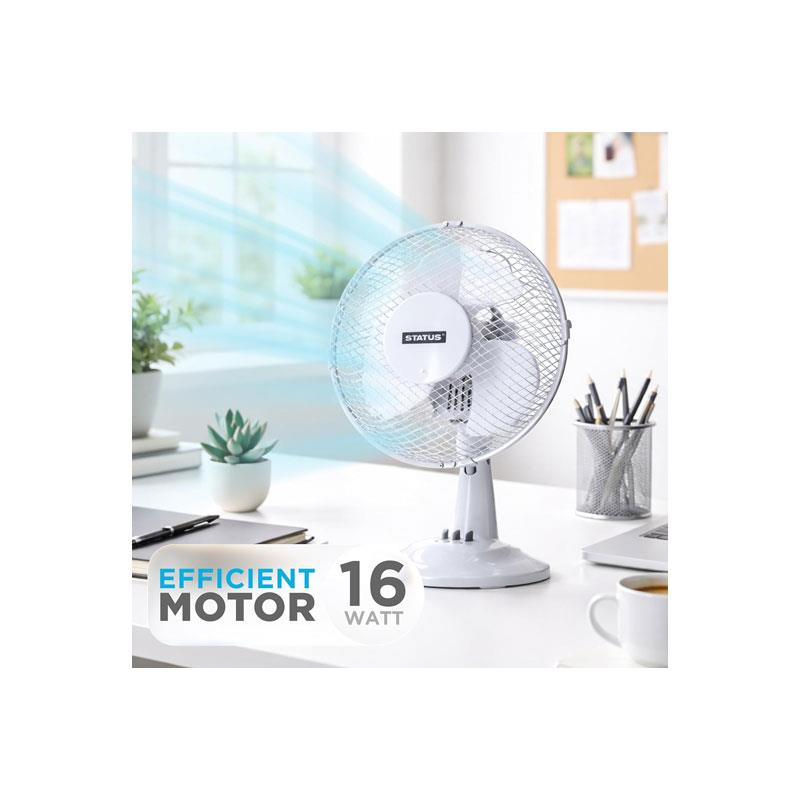 Status 9 Inch Oscillating Desk Fan With 2 Speed Settings Portable Cooling Fan 16W White