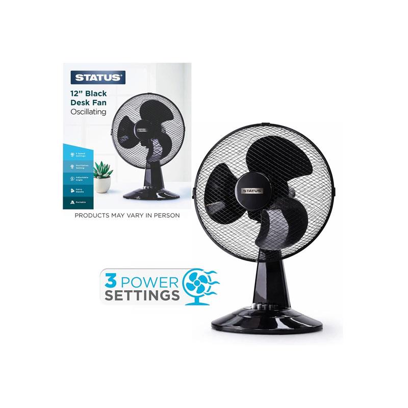 Status 12 Inch Desktop Fan With 3 Speed Settings Oscillating 35W Black