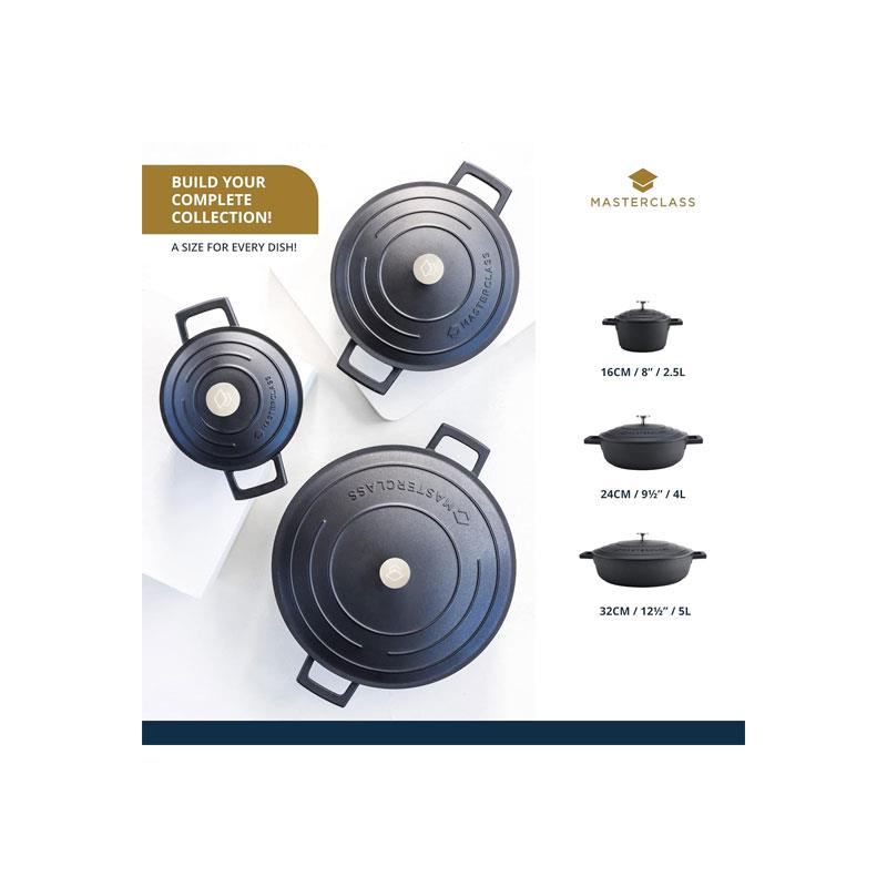 MasterClass 16cm Casserole Dish With Lid Cast Aluminium 1.4 Litre Black