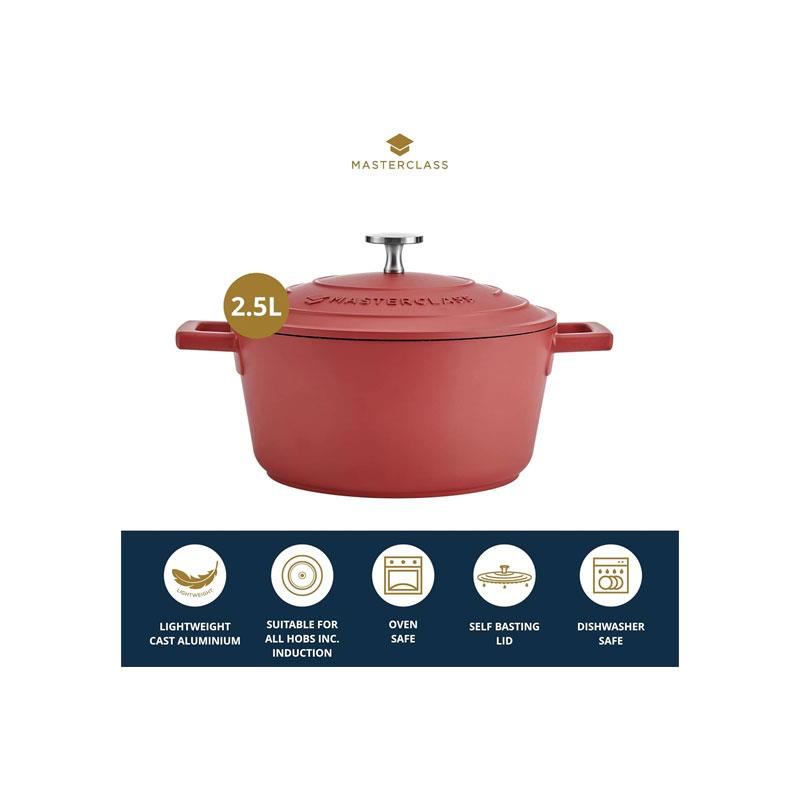 MasterClass Cast Aluminium Casserole Dish 20cm/2.5 Litres With Lid Small Induction Hob And Oven Safe Red
