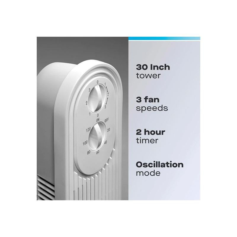 Fine Elements 30 Inch Tower Fan 3 Speed Settings Oscillation 2 Hour Timer Easy To Use Dials Carry Handle 50W White