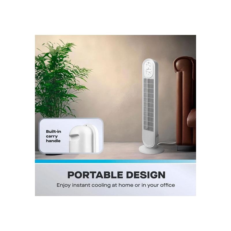Fine Elements 30 Inch Tower Fan 3 Speed Settings Oscillation 2 Hour Timer Easy To Use Dials Carry Handle 50W White