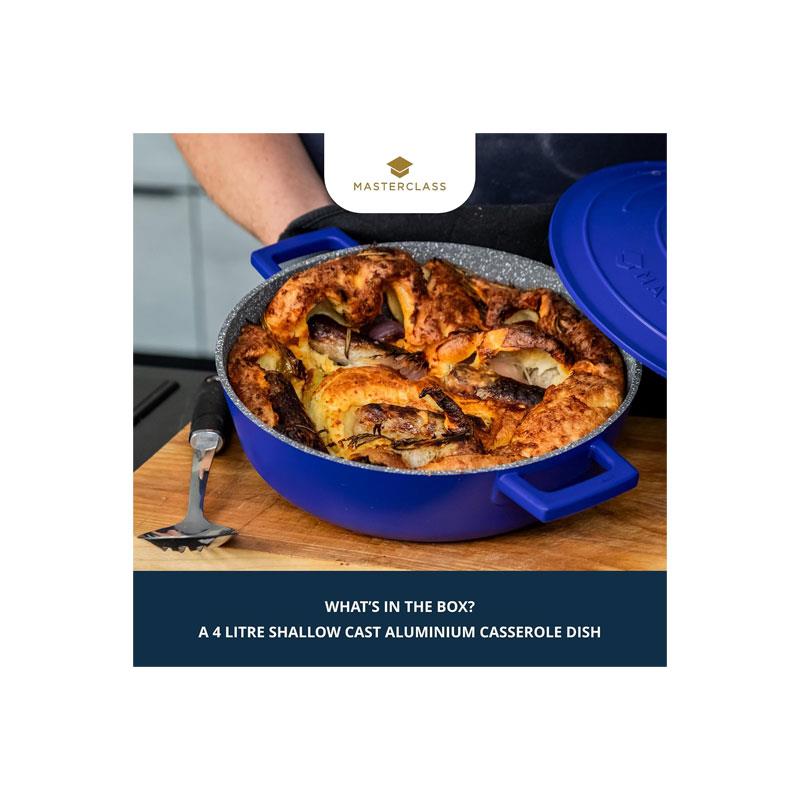 MasterClass Shallow Casserole Dish 28cm/4 Litre Non-Stick Cast Aluminium With Self-Basting Lid Blue