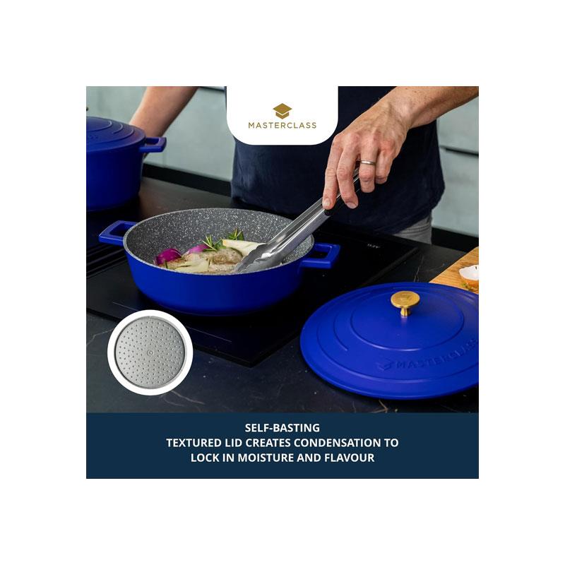 MasterClass Shallow Casserole Dish 28cm/4 Litre Non-Stick Cast Aluminium With Self-Basting Lid Blue