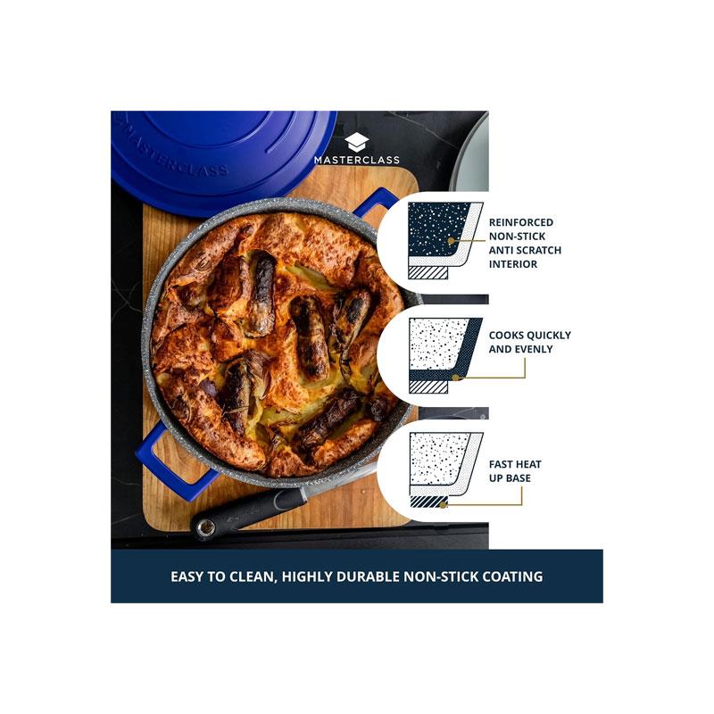 MasterClass Shallow Casserole Dish 28cm/4 Litre Non-Stick Cast Aluminium With Self-Basting Lid Blue