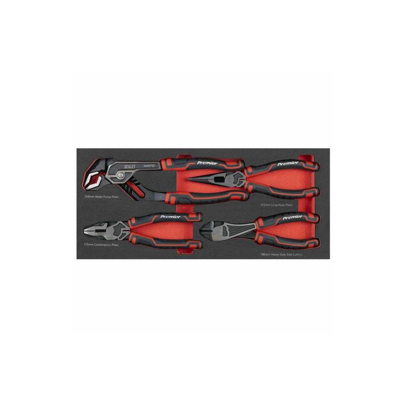 Sealey Premier Pliers Set With Tool Tray 175mm Combination Pliers 215mm Long Nose Pliers 180mm Heavy-Duty Side Cutters 250mm Water Pump Pliers 4 Pieces