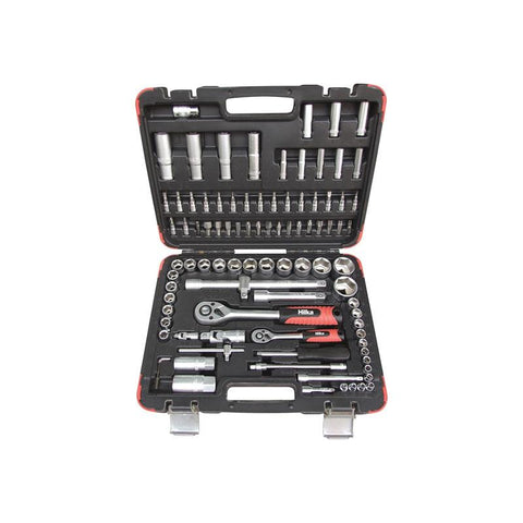 Hilka Tools 1/4 Inch And 1/2 Inch Dr Socket Set Metric 94 Pieces Black/Silver