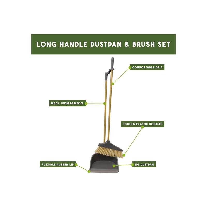 JVL Bamboo Tall Dustpan And Bristle Brush Set Long Handle Wood Natural