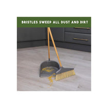 JVL Bamboo Tall Dustpan And Bristle Brush Set Long Handle Wood Natural