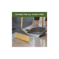 JVL Bamboo Tall Dustpan And Bristle Brush Set Long Handle Wood Natural