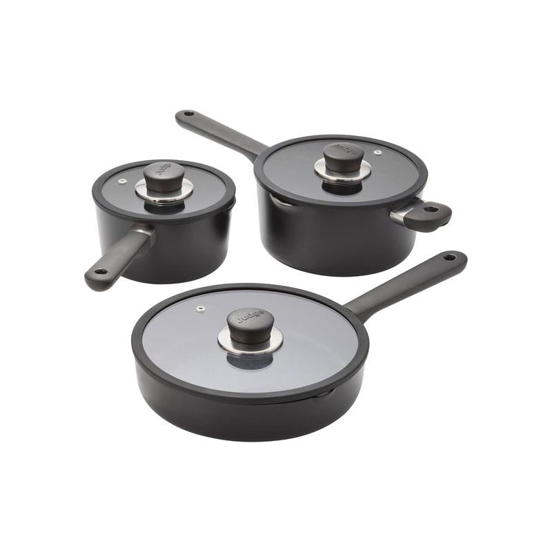 Judge Vista Ceramic Draining Cookware Set 16cm And 20cm Draining Pans 24cm Fry Pan With Glass Lids 3 Piece Black Main image