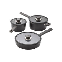 Judge Vista Ceramic Draining Cookware Set 16cm And 20cm Draining Pans 24cm Fry Pan With Glass Lids 3 Piece Black