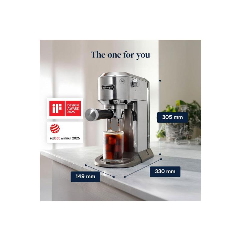 Delonghi Dedica Duo Manual Espresso Machine Advanced Milk Steam Wand Cold Brew Option Stainless Steel 1450W 1.2 Litres Silver