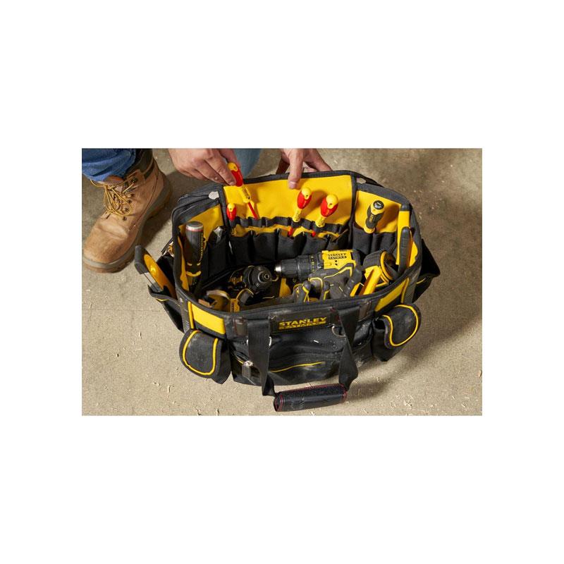 Stanley FatMax Round Top Rigid Tool Bag 50cm (20in) Quick Tool Access Wide Opening Zip Design Multiple Internal External Pockets Carry Handle Shoulder Strap 20kg Load Capacity Yellow/Black