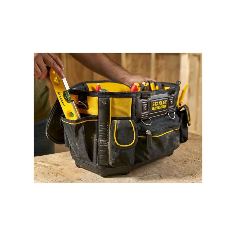 Stanley FatMax Round Top Rigid Tool Bag 50cm (20in) Quick Tool Access Wide Opening Zip Design Multiple Internal External Pockets Carry Handle Shoulder Strap 20kg Load Capacity Yellow/Black