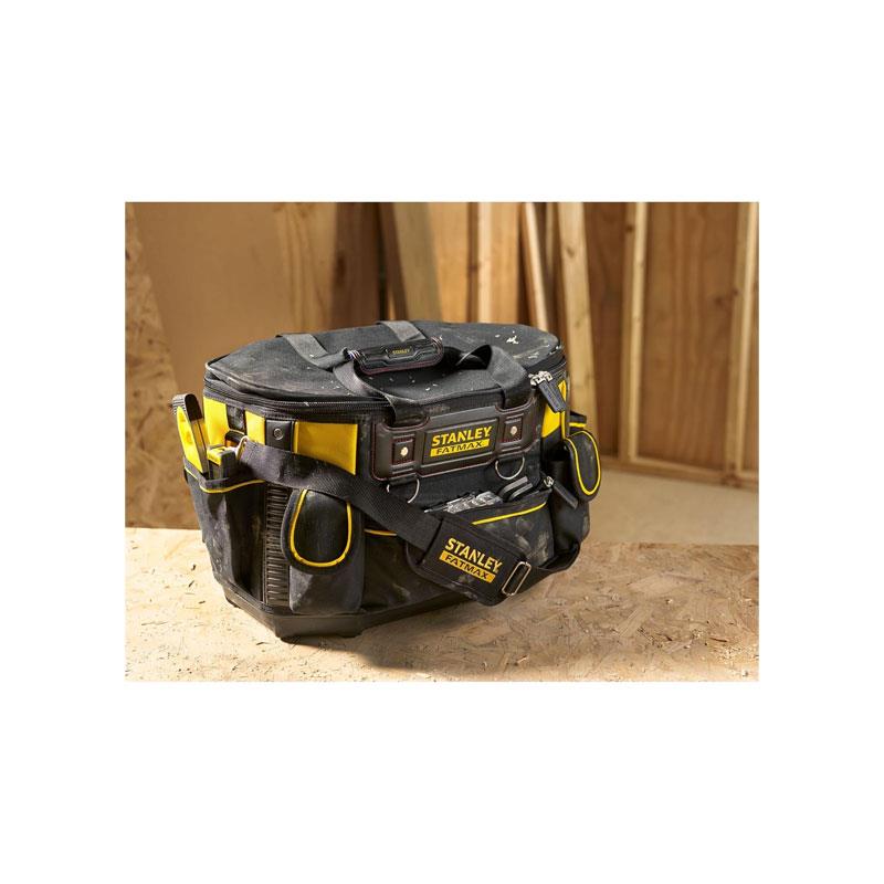 Stanley FatMax Round Top Rigid Tool Bag 50cm (20in) Quick Tool Access Wide Opening Zip Design Multiple Internal External Pockets Carry Handle Shoulder Strap 20kg Load Capacity Yellow/Black