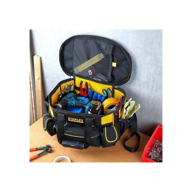 Stanley FatMax Round Top Rigid Tool Bag 50cm (20in) Quick Tool Access Wide Opening Zip Design Multiple Internal External Pockets Carry Handle Shoulder Strap 20kg Load Capacity Yellow/Black