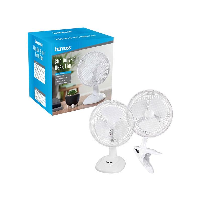 Benross 2-In-1 6 Inch Clip-On Desk Fan 2 Speed Settings Tilting Head Safe Mesh 20W White