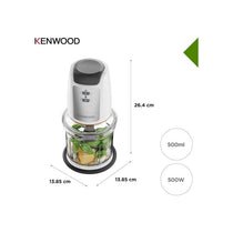Kenwood Easy Chop Mini Chopper Food Processor Ice Crushing 2 Speeds Quad Blade System Anti-Slip Ring 500W 0.5L Bowl White