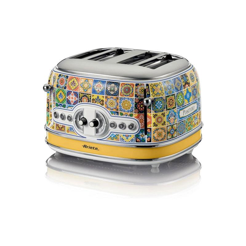 Ariete Positano 4 Slice Toaster 6 Levels of Gilding Crumb Tray Defrost Function Automatic Ejection Painted Steel Retro Italian Tile Design 810W Multicolour Main image