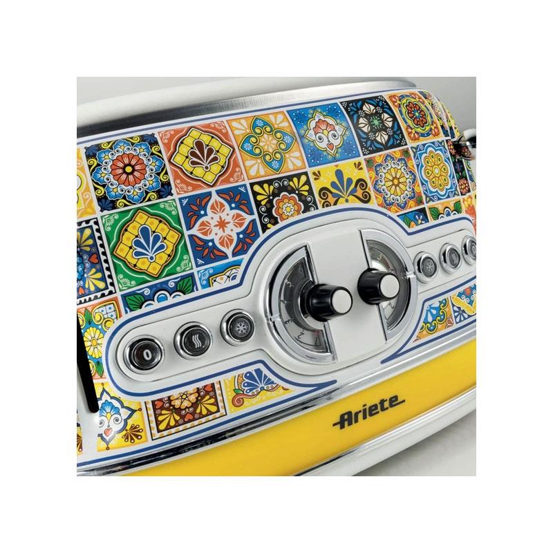 Ariete Positano 4 Slice Toaster 6 Levels of Gilding Crumb Tray Defrost Function Automatic Ejection Painted Steel Retro Italian Tile Design 810W Multicolour