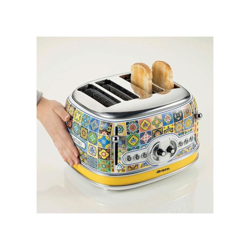 Ariete Positano 4 Slice Toaster 6 Levels of Gilding Crumb Tray Defrost Function Automatic Ejection Painted Steel Retro Italian Tile Design 810W Multicolour