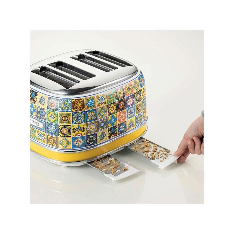 Ariete Positano 4 Slice Toaster 6 Levels of Gilding Crumb Tray Defrost Function Automatic Ejection Painted Steel Retro Italian Tile Design 810W Multicolour