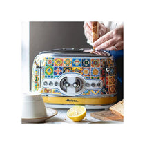 Ariete Positano 4 Slice Toaster 6 Levels of Gilding Crumb Tray Defrost Function Automatic Ejection Painted Steel Retro Italian Tile Design 810W Multicolour