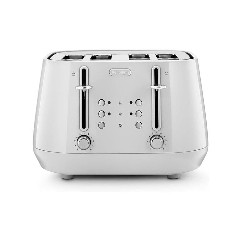 Delonghi Eclettica 4 Slice Toaster With Reheat And Defrost Functions Control Panels Browning Levels Pull Crumbs Trays Stainless Steel 1800W Whimsical White Main image