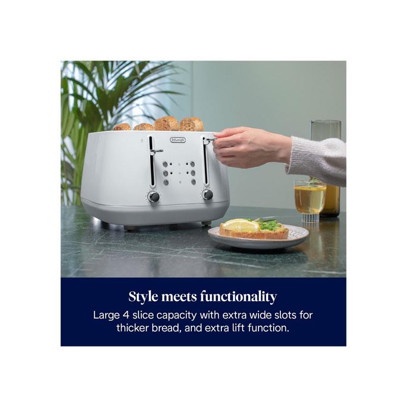 Delonghi Eclettica 4 Slice Toaster With Reheat And Defrost Functions Control Panels Browning Levels Pull Crumbs Trays Stainless Steel 1800W Whimsical White