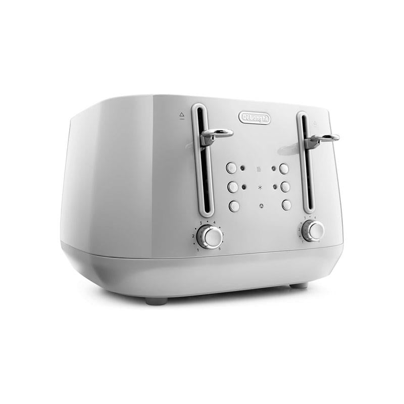 Delonghi Eclettica 4 Slice Toaster With Reheat And Defrost Functions Control Panels Browning Levels Pull Crumbs Trays Stainless Steel 1800W Whimsical White