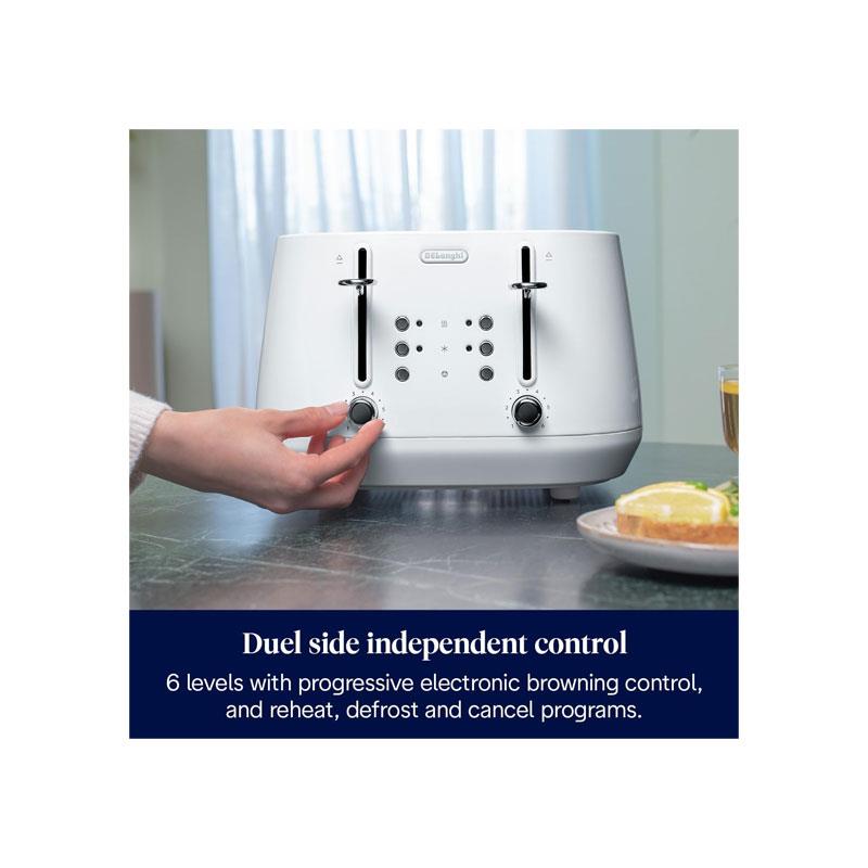 Delonghi Eclettica 4 Slice Toaster With Reheat And Defrost Functions Control Panels Browning Levels Pull Crumbs Trays Stainless Steel 1800W Whimsical White