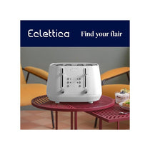 Delonghi Eclettica 4 Slice Toaster With Reheat And Defrost Functions Control Panels Browning Levels Pull Crumbs Trays Stainless Steel 1800W Whimsical White