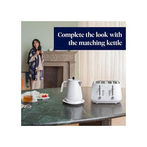 Delonghi Eclettica 4 Slice Toaster With Reheat And Defrost Functions Control Panels Browning Levels Pull Crumbs Trays Stainless Steel 1800W Whimsical White