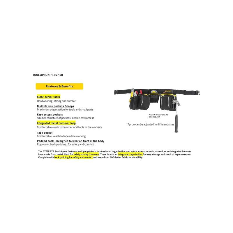 Stanley Essential Tool Belt Pouch Apron With Integrated Hammer Loop And Tape Pocket Black/Yellow