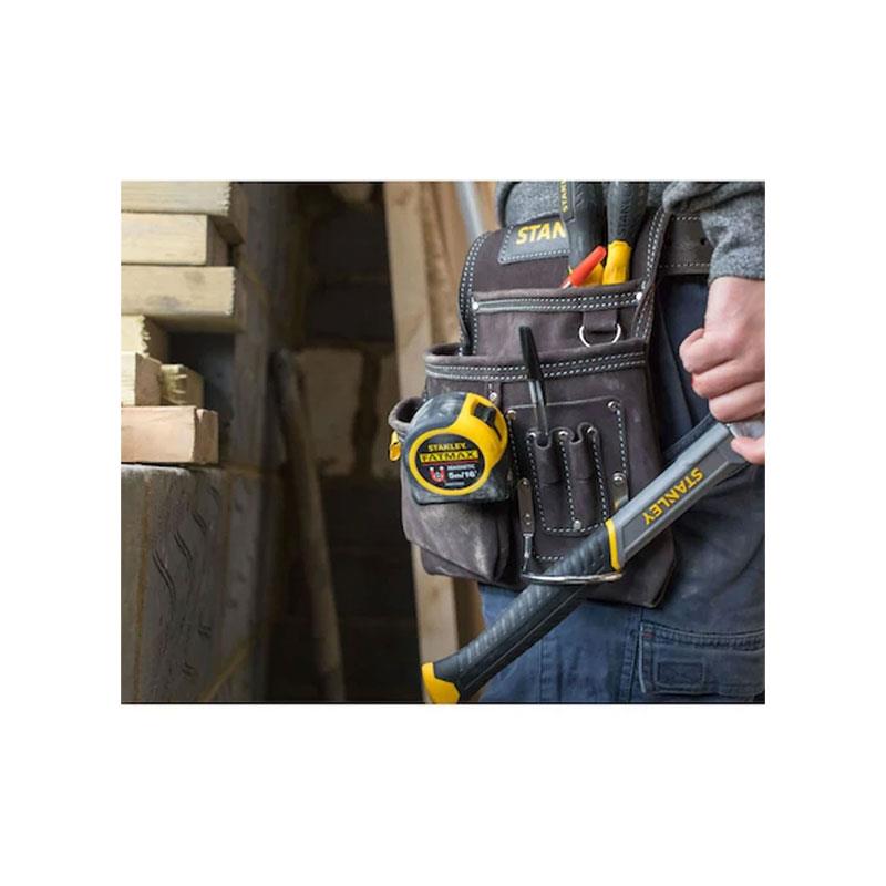 Stanley Leather Tool Pouch Double Pocket Nail Organiser And Hammer Loop Dark Brown