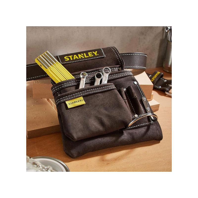 Stanley Leather Tool Pouch Double Pocket Nail Organiser And Hammer Loop Dark Brown