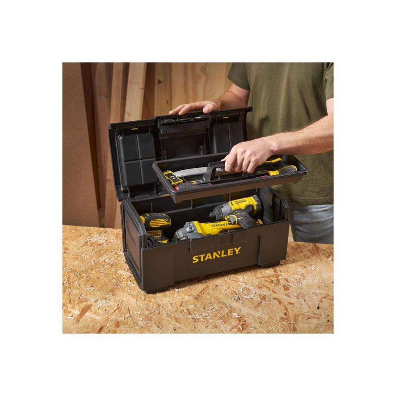Stanley One Touch Deep Toolbox 24 Inch Plastic Tool Box With 2 Lid Organisers Black/Yellow