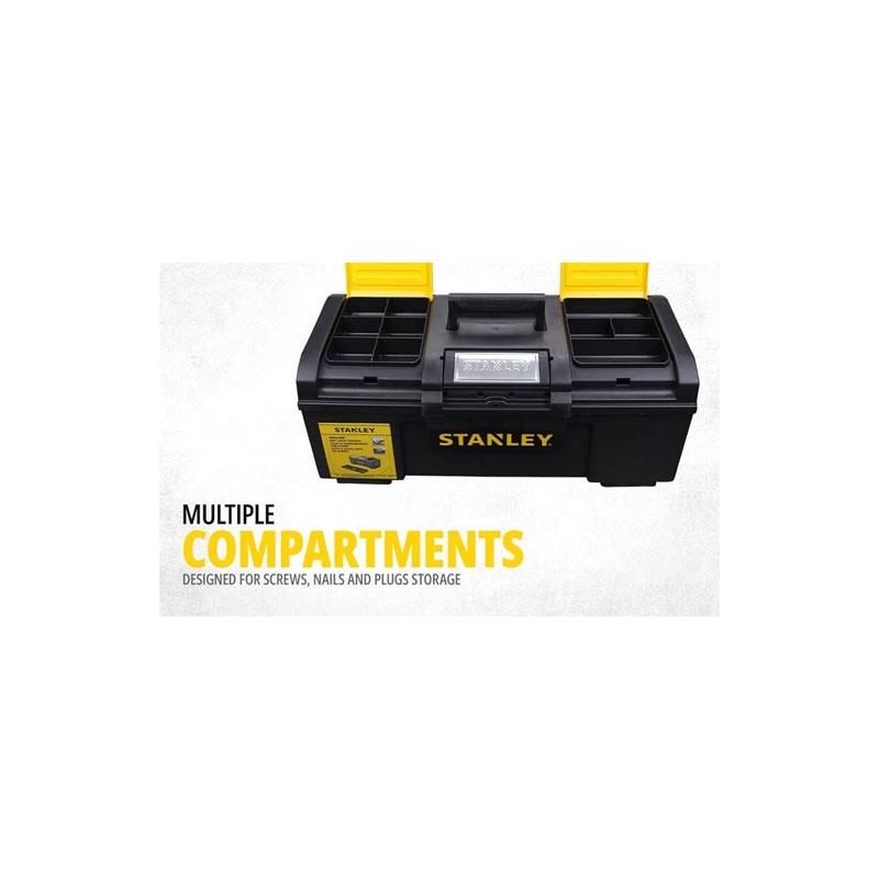 Stanley One Touch Deep Toolbox 24 Inch Plastic Tool Box With 2 Lid Organisers Black/Yellow
