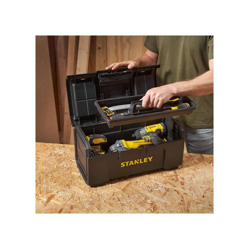 Stanley One Touch DIY Toolbox 19 Inch Plastic Tool Box With 2 Lid Organisers Black/Yellow