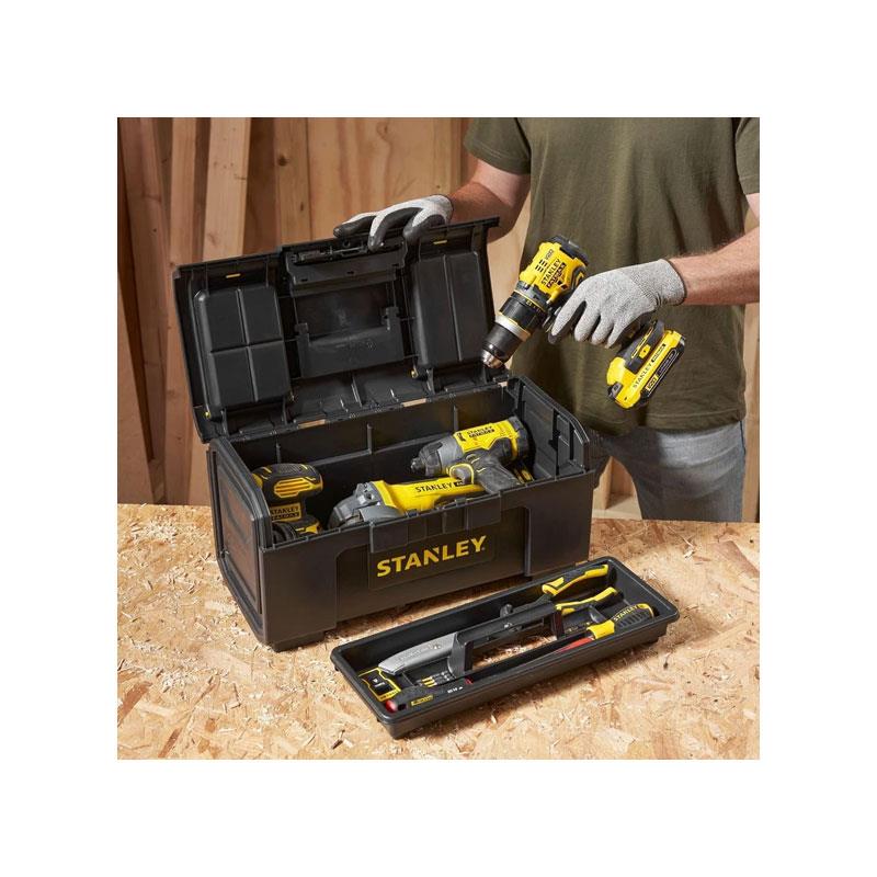 Stanley One Touch DIY Toolbox 19 Inch Plastic Tool Box With 2 Lid Organisers Black/Yellow