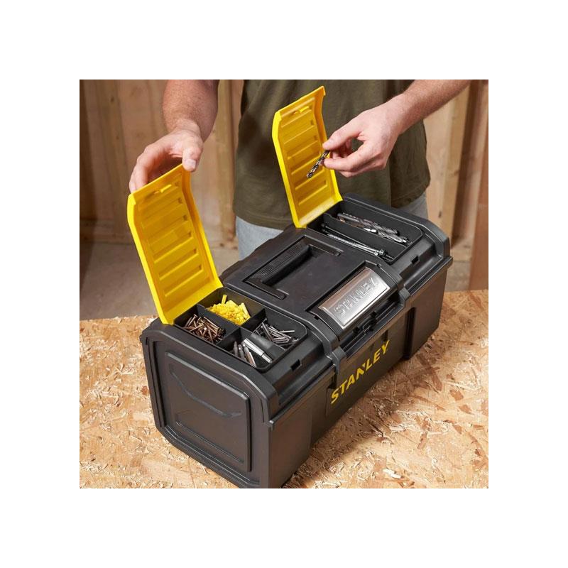 Stanley One Touch DIY Toolbox 19 Inch Plastic Tool Box With 2 Lid Organisers Black/Yellow