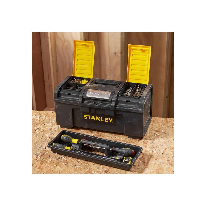 Stanley One Touch DIY Toolbox 19 Inch Plastic Tool Box With 2 Lid Organisers Black/Yellow